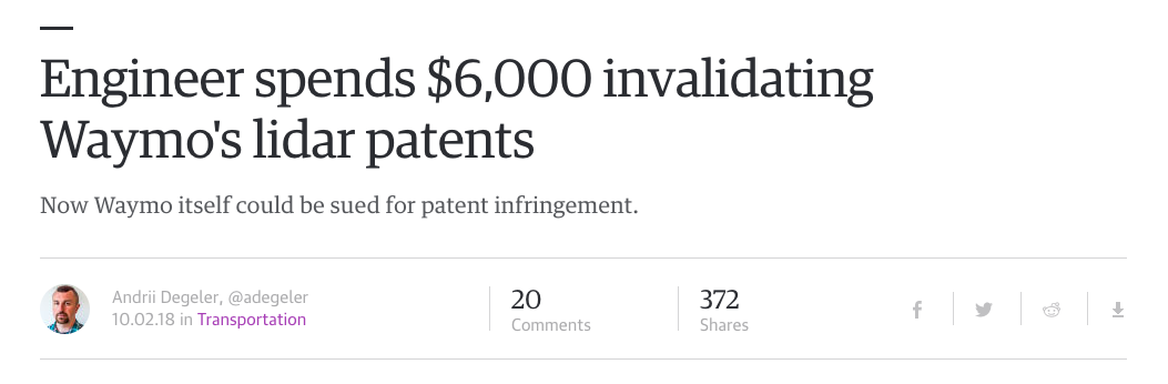 Article: Engineer spends $6,000 invalidating Waymo's lidar patents.