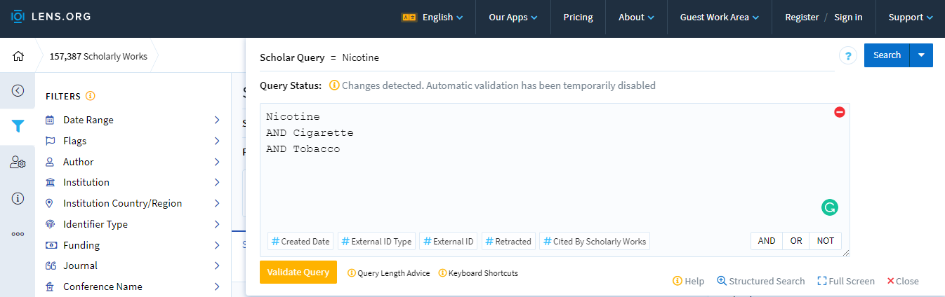 Customizing search using edit search for NPLs on Lens.org