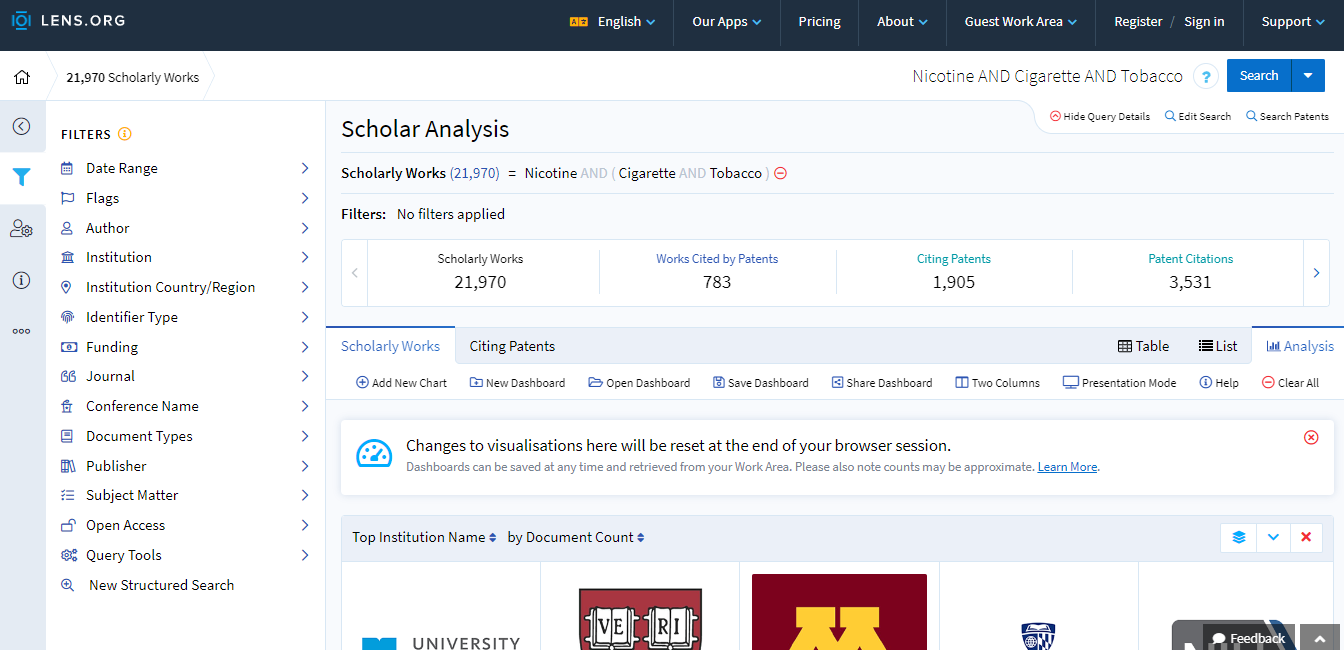 Analyzing non patent literature search results using charts on lens.org